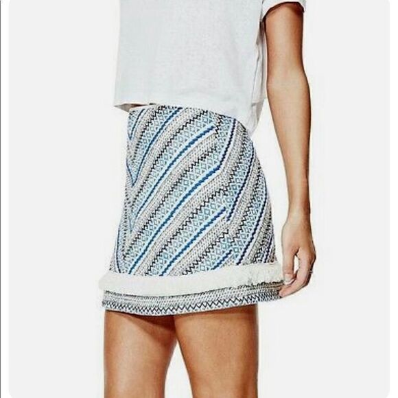 Guess Womens Embroidered Skirt Blue White Aztec Fringe Lined Mini Size S - Picture 2 of 7